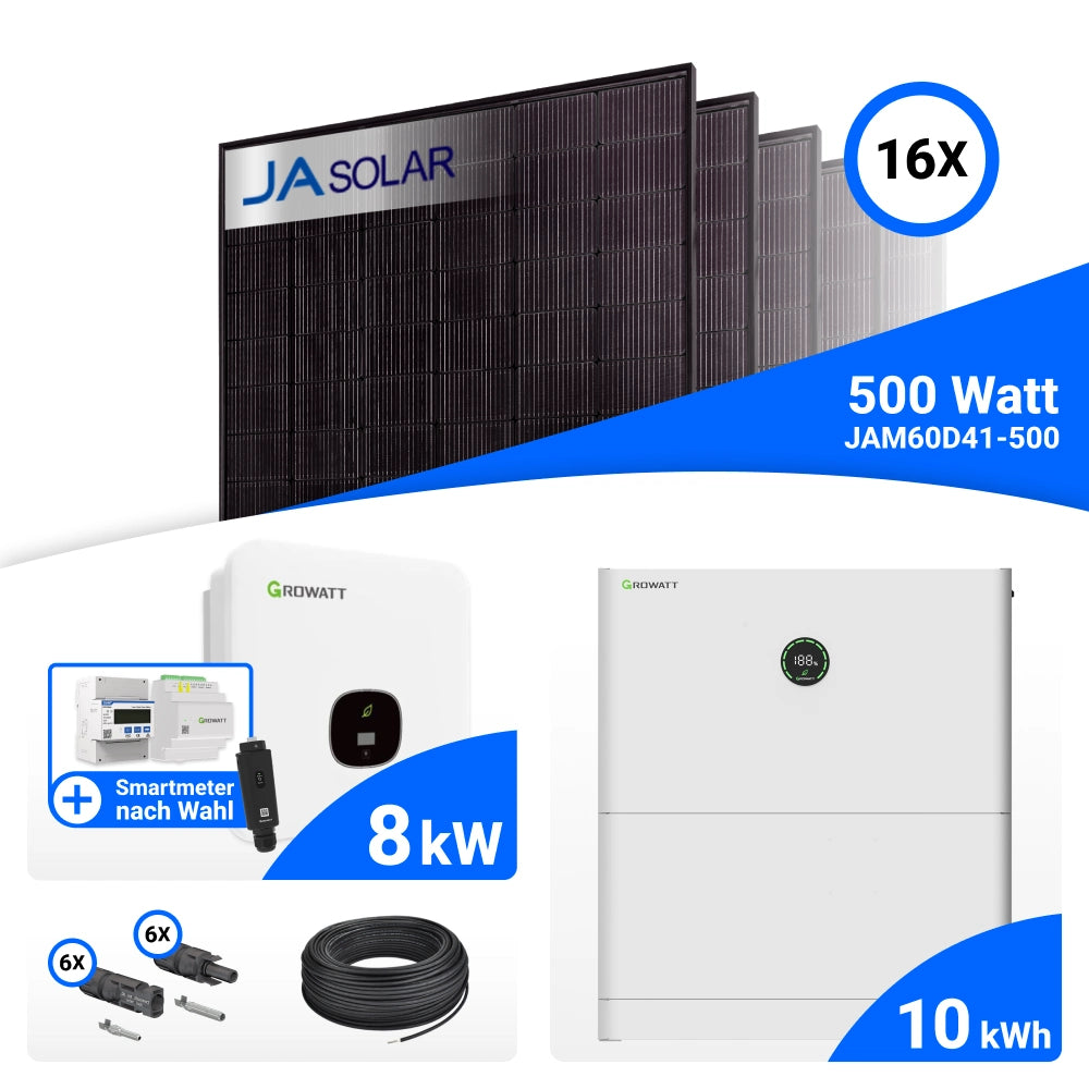 PV-Komplettset 8 kWp mit 16 JA Solar 500 W Full Black Modulen, Growatt MOD 8000TL3-XH BP, Growatt Smart Meter TPM-C und Growatt APX 10.0M-S3 Speicher