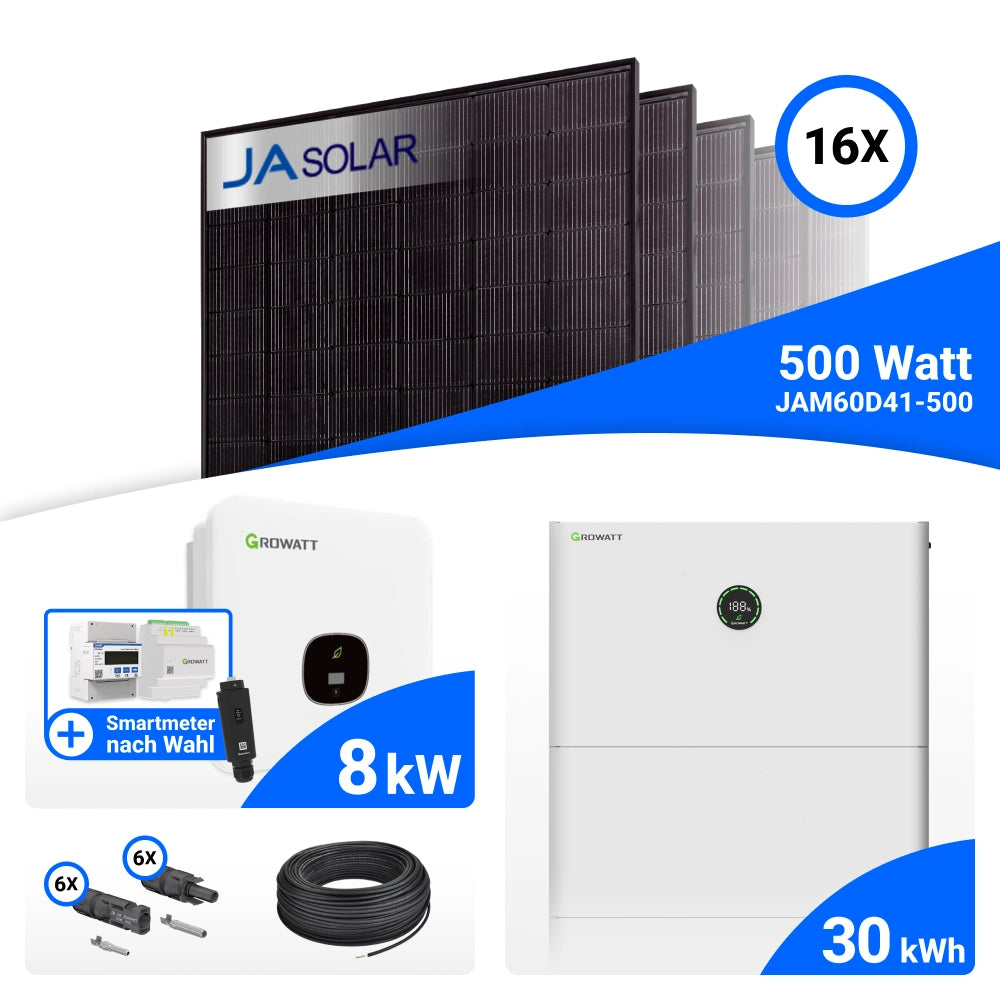 PV-Komplettset 8 kWp mit 16 JA Solar 500 W Full Black Modulen, Growatt MOD 8000TL3-XH BP, Growatt GroHomeManager-X und Growatt APX 30.0M-S3 Speicher