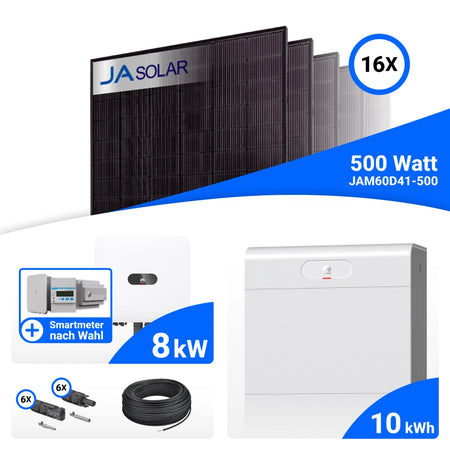 PV-Komplettset 8 kWp mit 16 JA Solar 500 W Full Black Modulen, Huawei SUN2000-8K-MAP0, Huawei SA4H-A02 / EMMA-A02 Energiemanagement Assistent und Huawei LUNA2000-10-S1 Speicher