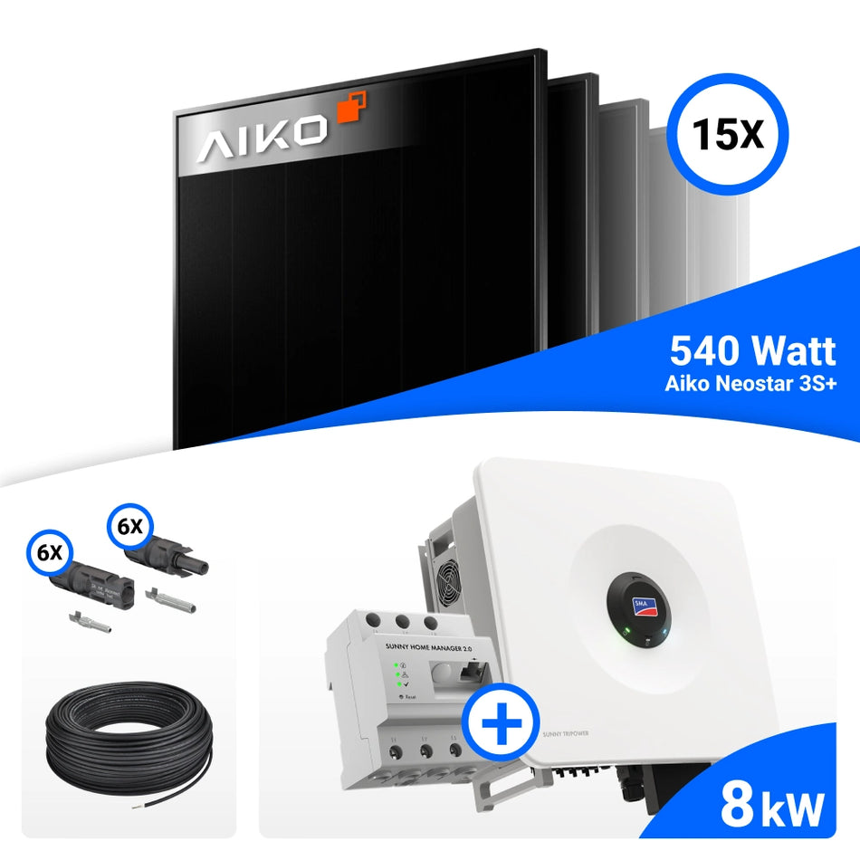 PV Komplettset 8 kWp – 15x AIKO 540W Full Black & SMA Sunny Tripower Hybrid X 8.0 mit Speicheroption