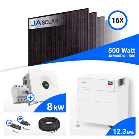 PV-Komplettset 8 kWp mit 16 JA Solar 500 W Full Black Modulen, SMA Sunny Tripower Hybrid X 8.0 und SMA Storage M Speicher mit 12,3 kWh, ohne Backup