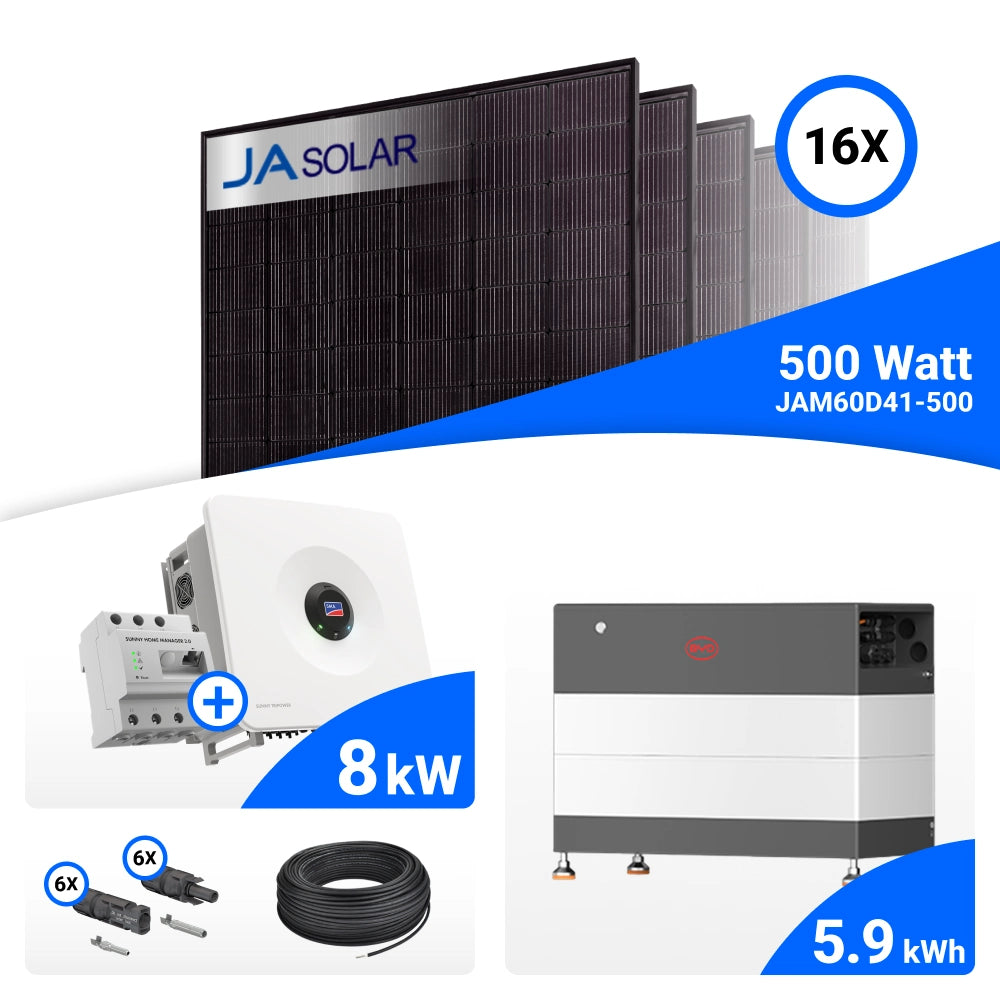 PV-Komplettset 8 kWp mit 16 JA Solar 500 W Full Black Modulen, SMA Sunny Tripower Hybrid X 8.0 und BYD HVB Speicher mit 5,9 kWh, mit Backup-Kit