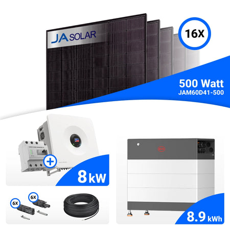 PV-Komplettset 8 kWp mit 16 JA Solar 500 W Full Black Modulen, SMA Sunny Tripower Hybrid X 8.0 und BYD HVB Speicher mit 8,9 kWh, mit Backup-Kit