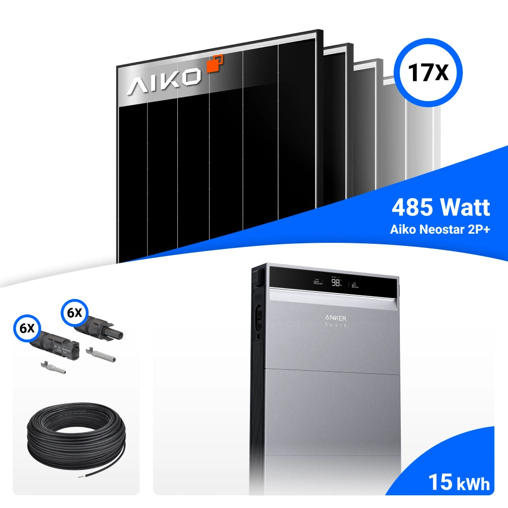 PV-Komplettset mit 17 AIKO 485-W-Solarmodulen, Anker SOLIX 15-kWh-Speicher, Anschlusskabeln und Steckverbindern.