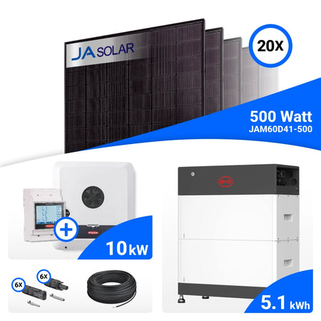 PV-Komplettset 10 kWp mit 20 JA Solar 500 W Full Black Modulen, Fronius SYMO-GEN24 10.0 Plus SC und BYD HVS+ Speicher mit 5,1 kWh