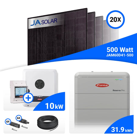 PV-Komplettset 10 kWp mit 20 JA Solar 500 W Full Black Modulen, Fronius SYMO-GEN24 10.0 Plus SC und Fronius Reserva Pro 32.0 Speicher