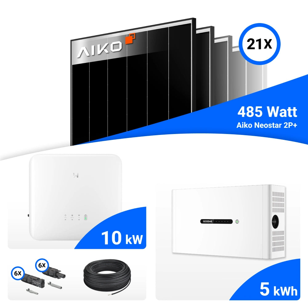 PV-Komplettset mit 21 AIKO 485-W-Solarmodulen, GoodWe 10-kW-Wechselrichter, GoodWe 5-kWh-Speicher, Anschlusskabeln und Steckverbindern.