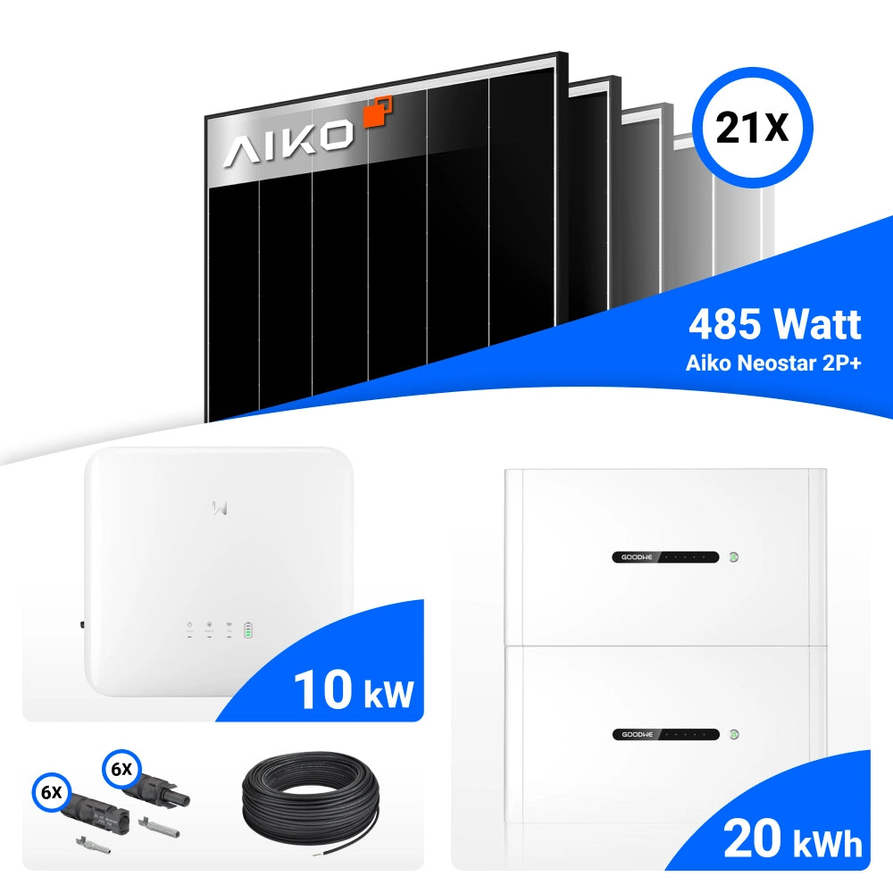PV-Komplettset mit 21 AIKO 485-W-Solarmodulen, GoodWe 10-kW-Wechselrichter, GoodWe 20-kWh-Speicher, Anschlusskabeln und Steckverbindern.