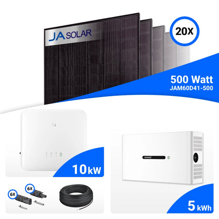 PV-Komplettset 10 kWp mit 20 JA Solar 500 W Full Black Modulen, GoodWe GW10K-ET-20 und GoodWe Lynx D Speicher mit 5 kWh