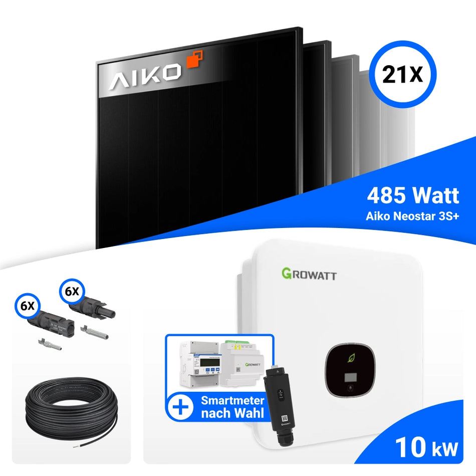 PV Komplettset 10 kWp – 21x AIKO 485W Full Black & Growatt MOD 10KTL3-XH BP mit Speicheroption