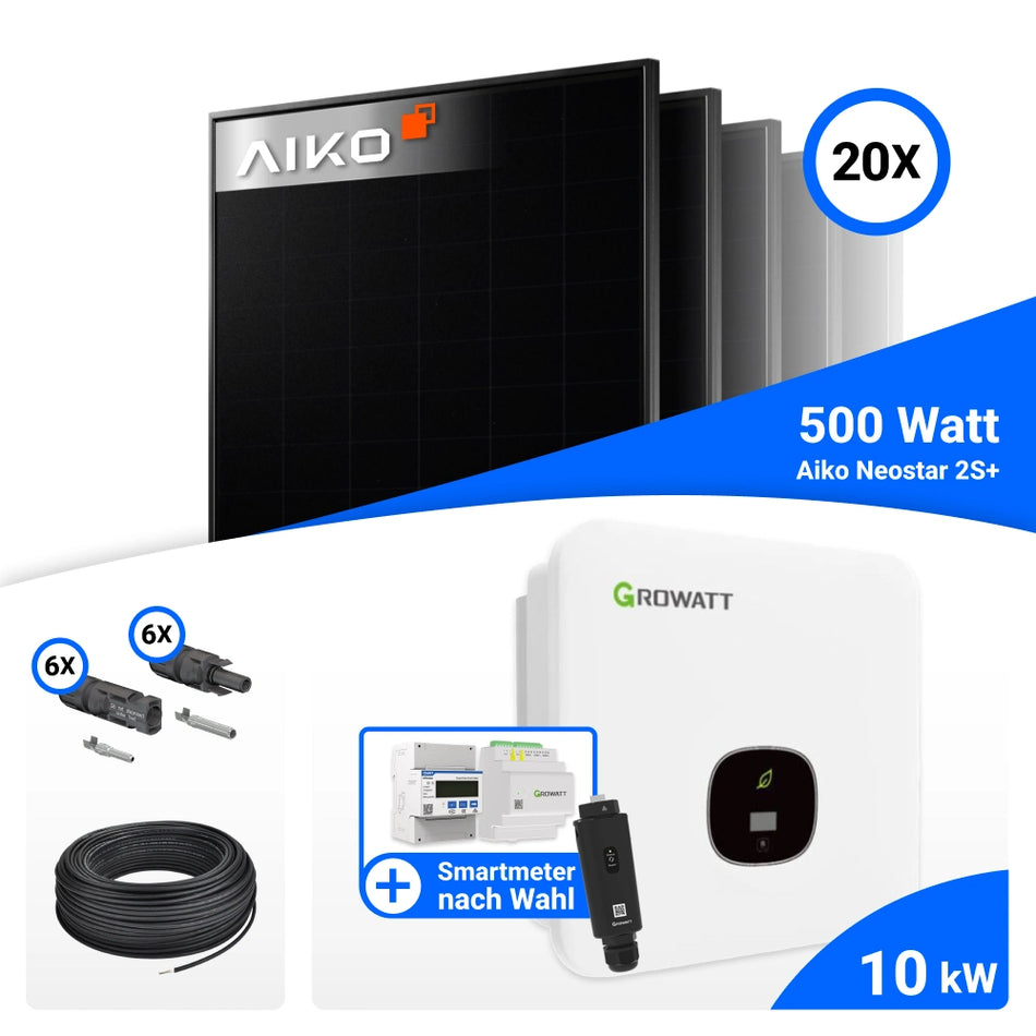 PV Komplettset 10 kWp – 20x AIKO 500W Full Black & Growatt MOD 10KTL3-XH BP mit Speicheroption