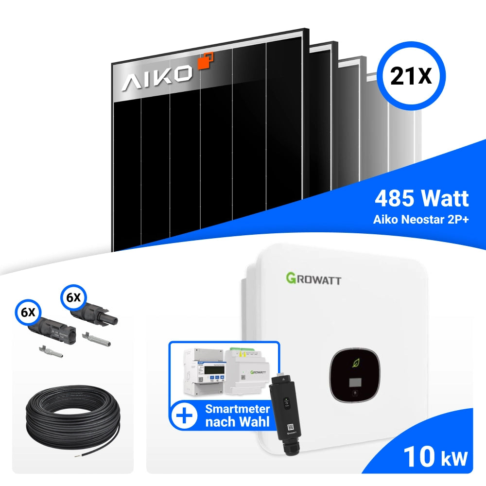 Lieferumfang PV Komplettset 10 kWp mit AIKO 485W Black Frame und Growatt MOD10KTL3-XH-BP