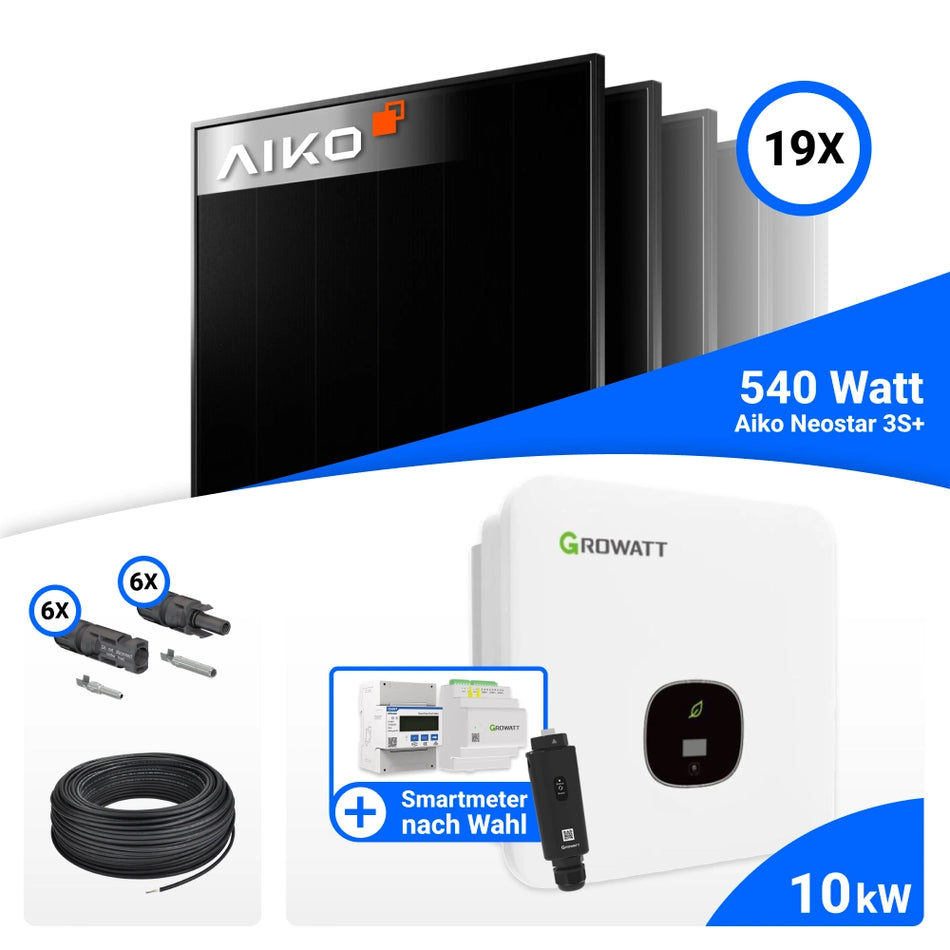 PV Komplettset 10 kWp – 19x AIKO 540W Full Black & Growatt MOD 10KTL3-XH BP mit Speicheroption