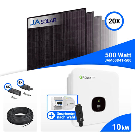 PV-Komplettset 10 kWp mit 20 JA Solar 500 W Full Black Modulen, Growatt MOD 10KTL3-XH BP und Growatt Smart Meter TPM-C, ohne Speicher