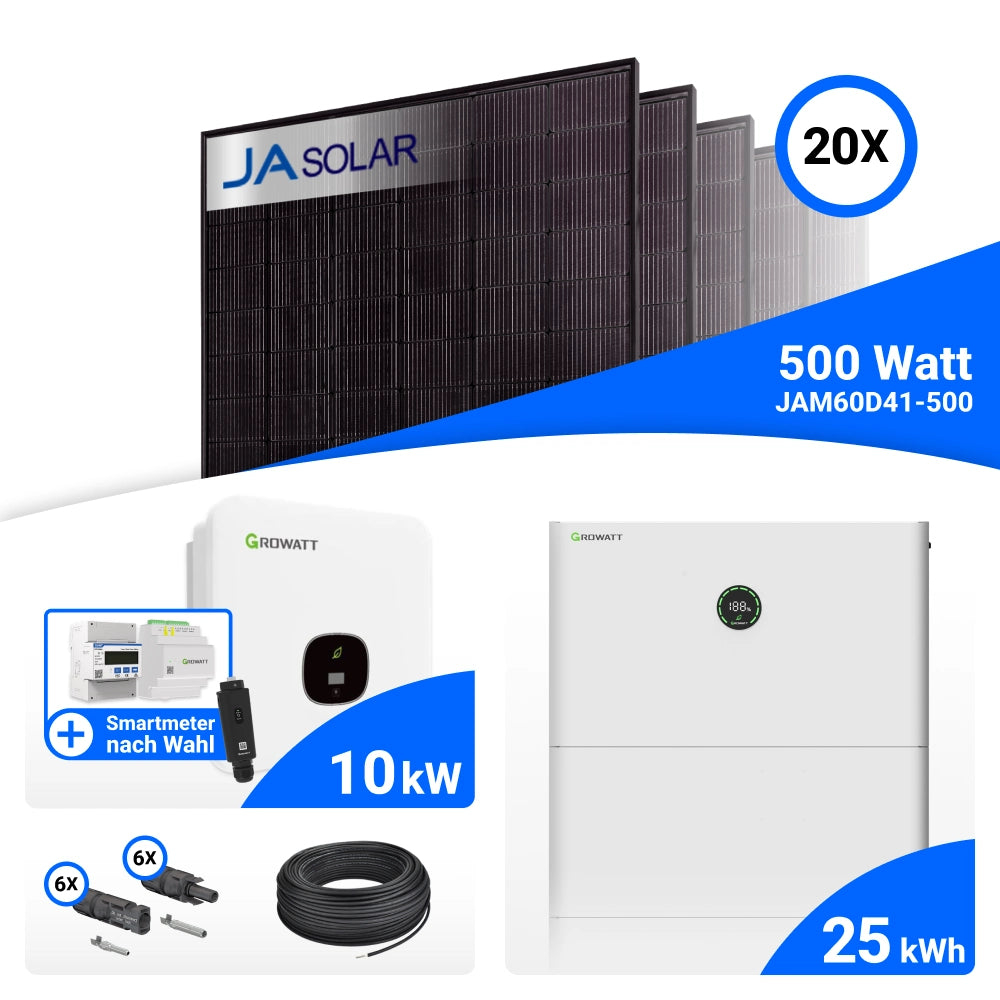PV-Komplettset 10 kWp mit 20 JA Solar 500 W Full Black Modulen, Growatt MOD 10KTL3-XH BP, Growatt Smart Meter TPM-C und Growatt APX 25.0M-S3 Speicher