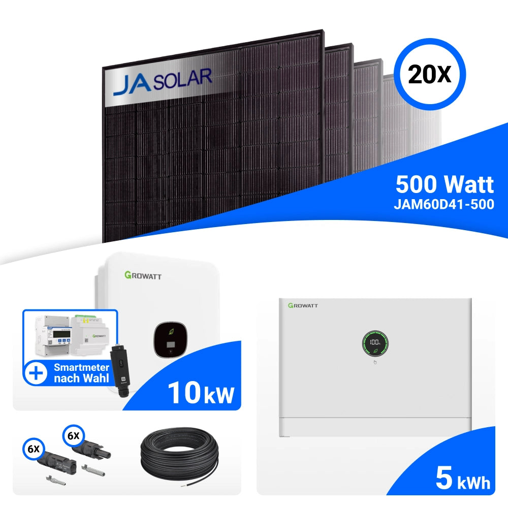 PV-Komplettset 10 kWp mit 20 JA Solar 500 W Full Black Modulen, Growatt MOD 10KTL3-XH BP, Growatt GroHomeManager-X und Growatt APX 5.0M-S3 Speicher