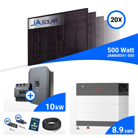 PV-Komplettset 10 kWp mit 20 JA Solar 500 W Full Black Modulen, Kostal Plenticore G3 M und BYD HVB Speicher mit 8,9 kWh