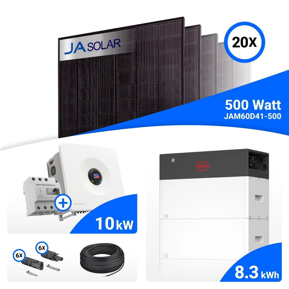 PV-Komplettset 10 kWp mit 20 JA Solar 500 W Full Black Modulen, SMA Sunny Tripower Hybrid X 10.0 und BYD HVM+ Speicher mit 8,3 kWh, mit Backup-Kit