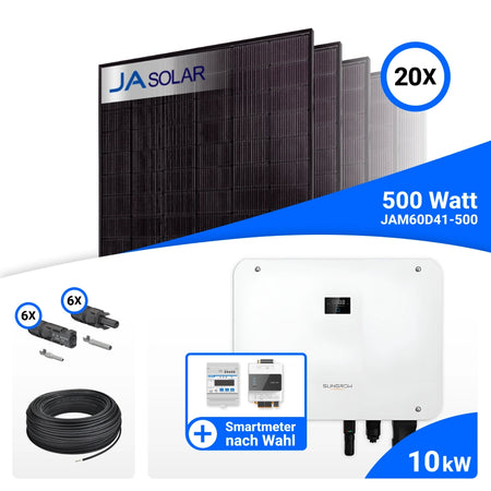 PV-Komplettset 10 kWp mit 20 JA Solar 500 W Full Black Modulen, Sungrow SH10T und Sungrow Smart Meter DTSU666-20, ohne Speicher