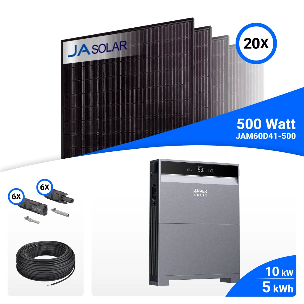 PV-Komplettset 10 kWp mit 20 JA Solar 500 W Full Black Modulen, Anker SOLIX X1-H10K-T und Anker X1 Speicher mit 5 kWh