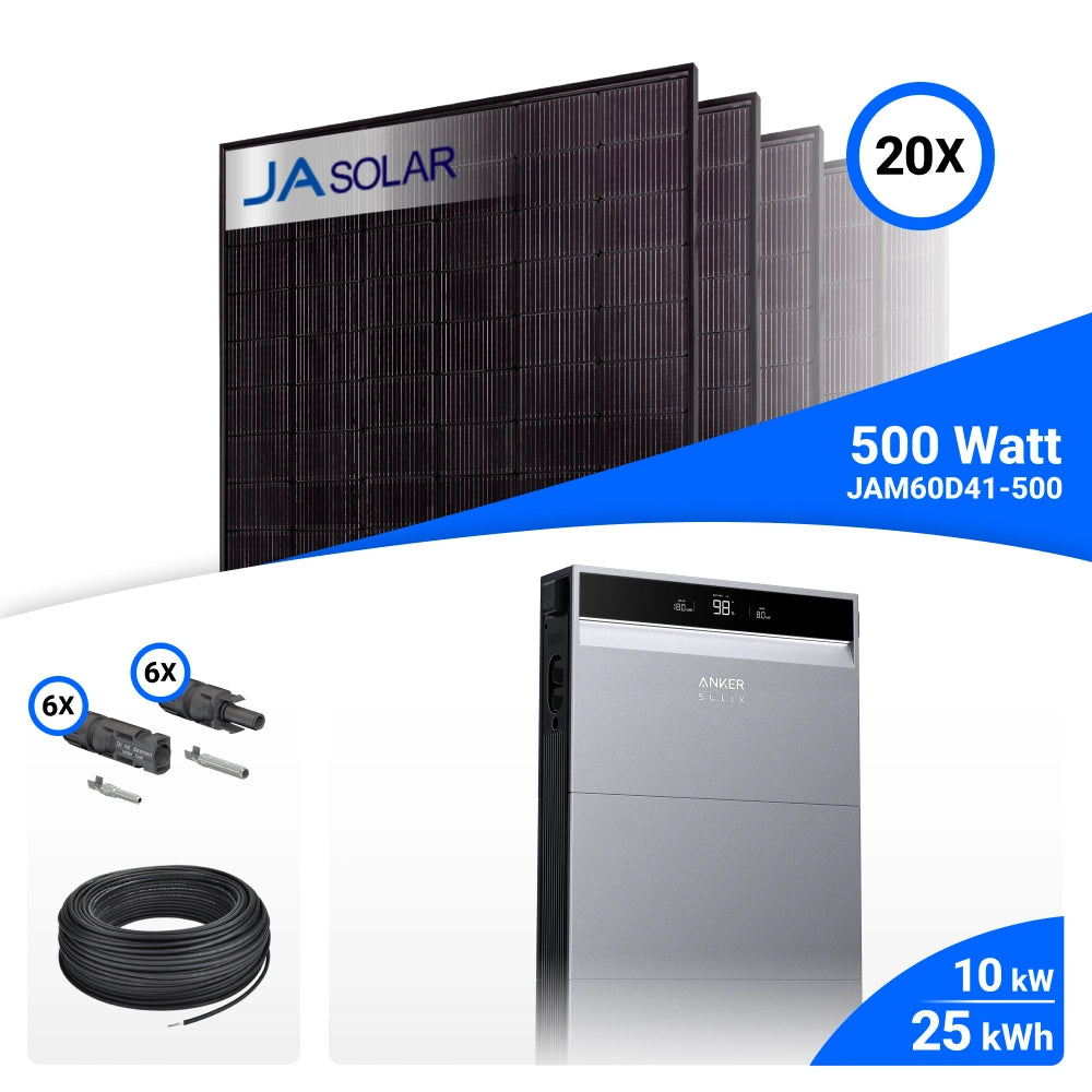 PV-Komplettset 10 kWp mit 20 JA Solar 500 W Full Black Modulen, Anker SOLIX X1-H10K-T und Anker X1 Speicher mit 25 kWh