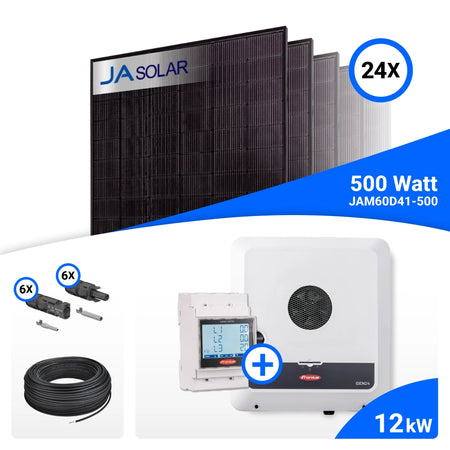PV-Komplettset 12 kWp mit 24 JA Solar 500 W Full Black Modulen und Fronius SYMO-GEN24 12.0 Plus SC, ohne Speicher