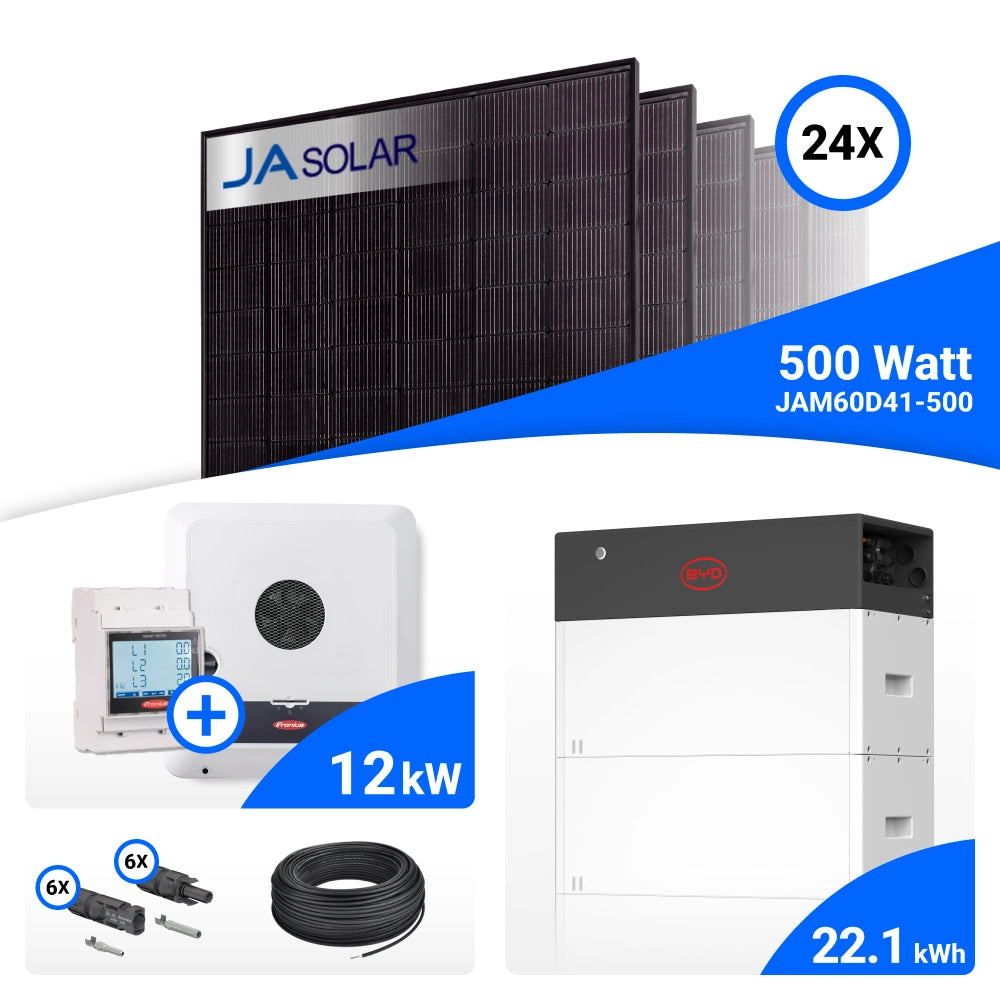 PV-Komplettset 12 kWp mit 24 JA Solar 500 W Full Black Modulen, Fronius SYMO-GEN24 12.0 Plus SC und BYD HVM+ Speicher mit 22,1 kWh