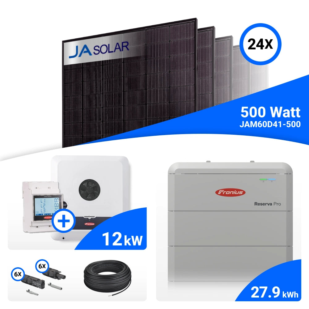 PV-Komplettset 12 kWp mit 24 JA Solar 500 W Full Black Modulen, Fronius SYMO-GEN24 12.0 Plus SC und Fronius Reserva Pro 28.0 Speicher