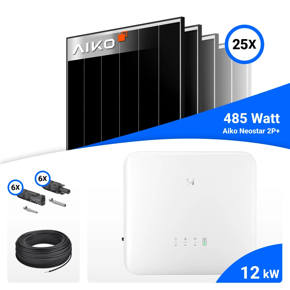 PV-Komplettset mit 25 AIKO 485-W-Solarmodulen, GoodWe 12-kW-Wechselrichter, Anschlusskabeln und Steckverbindern.