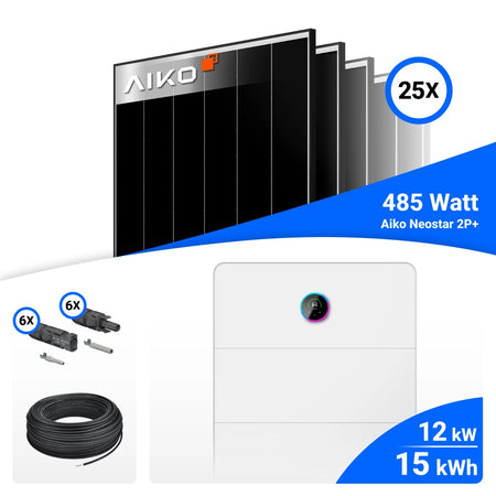 PV-Komplettset mit 25 AIKO 485-W-Solarmodulen, GoodWe 12-kW-Wechselrichter mit 15-kWh-Speicher, Anschlusskabeln und Steckverbindern.