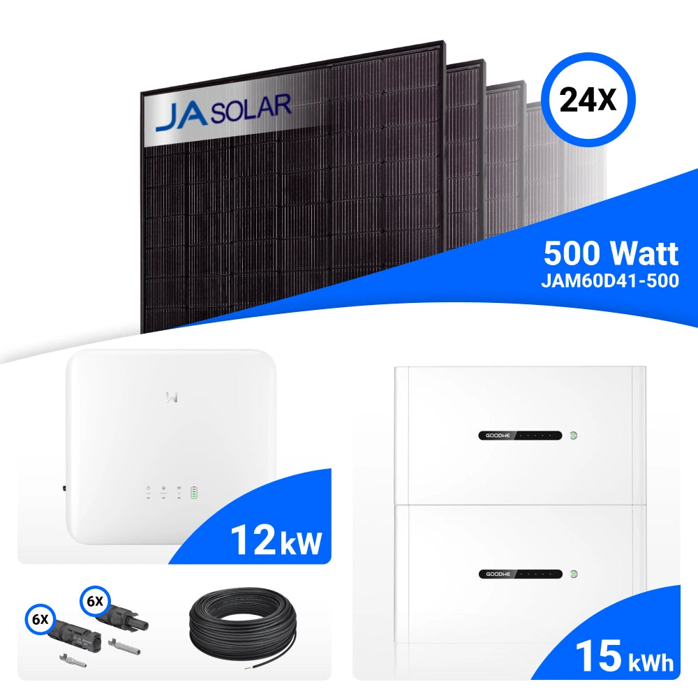 PV-Komplettset 12 kWp mit 24 JA Solar 500 W Full Black Modulen, GoodWe GW12K-ET-20 und GoodWe Lynx D Speicher mit 15 kWh