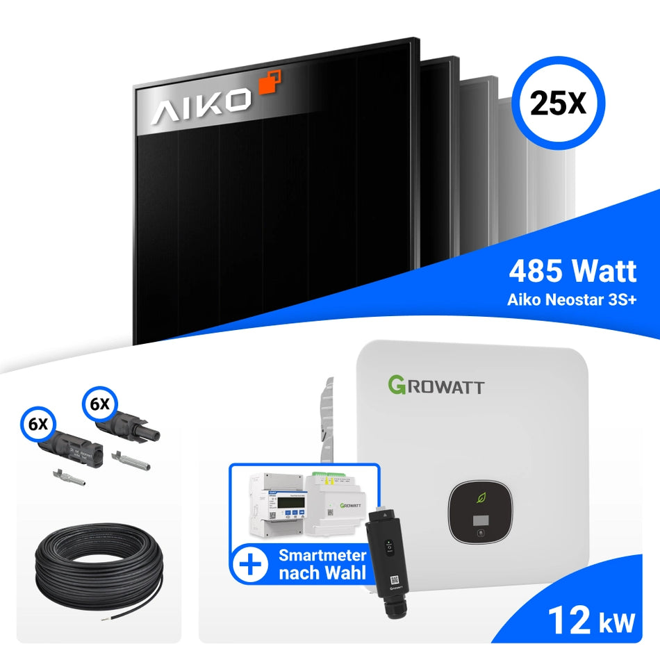 PV Komplettset 12 kWp – 25x AIKO 485W Full Black & Growatt MOD 12KTL3-HU mit Speicheroption