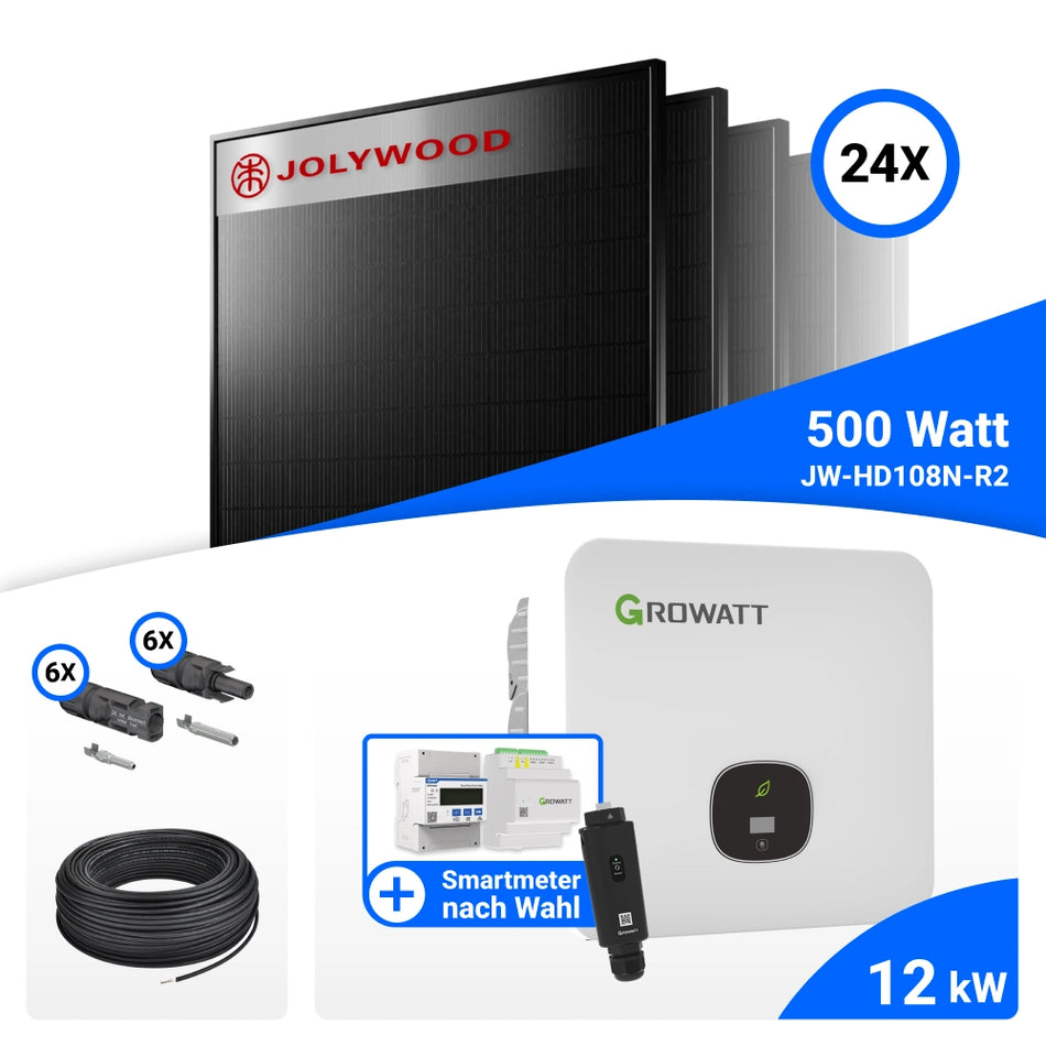 PV Komplettset 12 kWp – 24x Jolywood 500W Full Black & Growatt MOD 12KTL3-HU mit Speicheroption