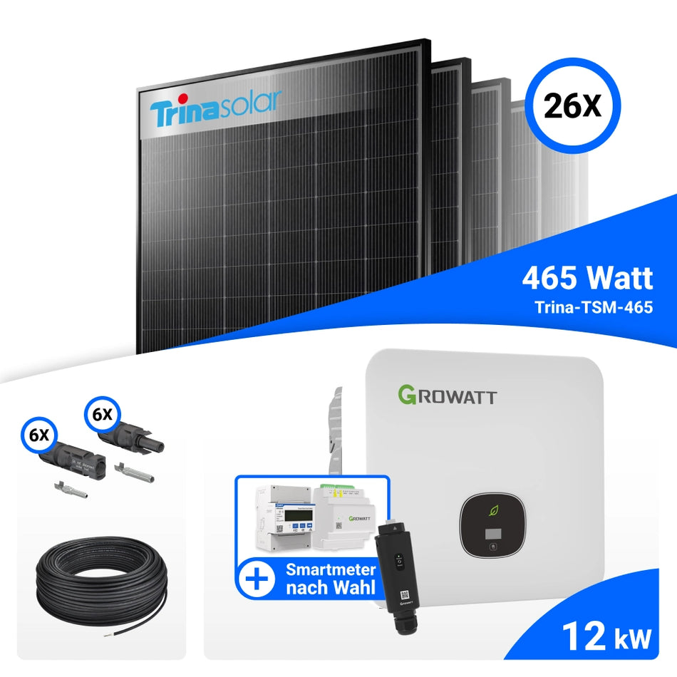 PV Komplettset 12 kWp – 26x Trina 465W Black Frame & Growatt MOD 12KTL3-HU mit Speicheroption
