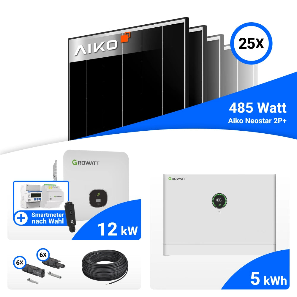 Lieferumfang PV Komplettset 12 kWp mit AIKO 485W Black Frame und Growatt MOD12KTL3-HU