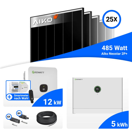 Lieferumfang PV Komplettset 12 kWp mit AIKO 485W Black Frame und Growatt MOD12KTL3-HU
