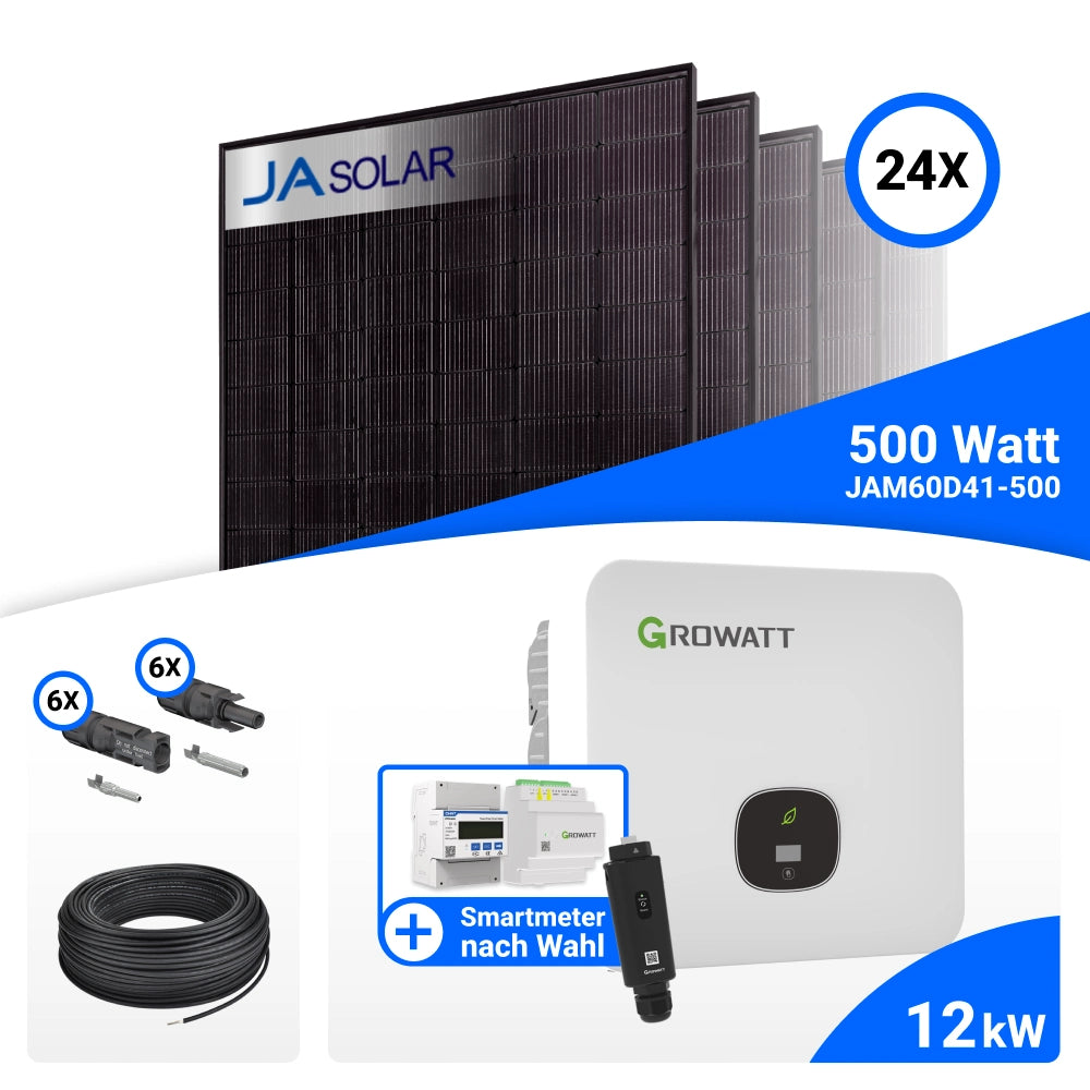 PV-Komplettset 12 kWp mit 24 JA Solar 500 W Full Black Modulen, Growatt MOD 12KTL3-HU und Growatt Smart Meter TPM-C, ohne Speicher