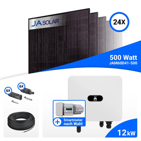 PV-Komplettset 12 kWp mit 24 JA Solar 500 W Full Black Modulen, Huawei SUN2000-12K-MB0 und Huawei SA4H-A02 / EMMA-A02 Energiemanagement Assistent, ohne Speicher