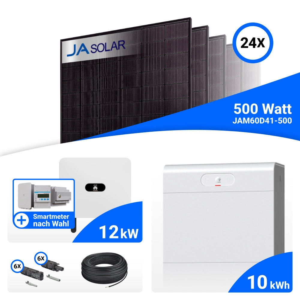 PV-Komplettset 12 kWp mit 24 JA Solar 500 W Full Black Modulen, Huawei SUN2000-12K-MB0, Huawei Smart Guard 63A-T0 BackUp Box und Huawei LUNA2000-10-S1 Speicher