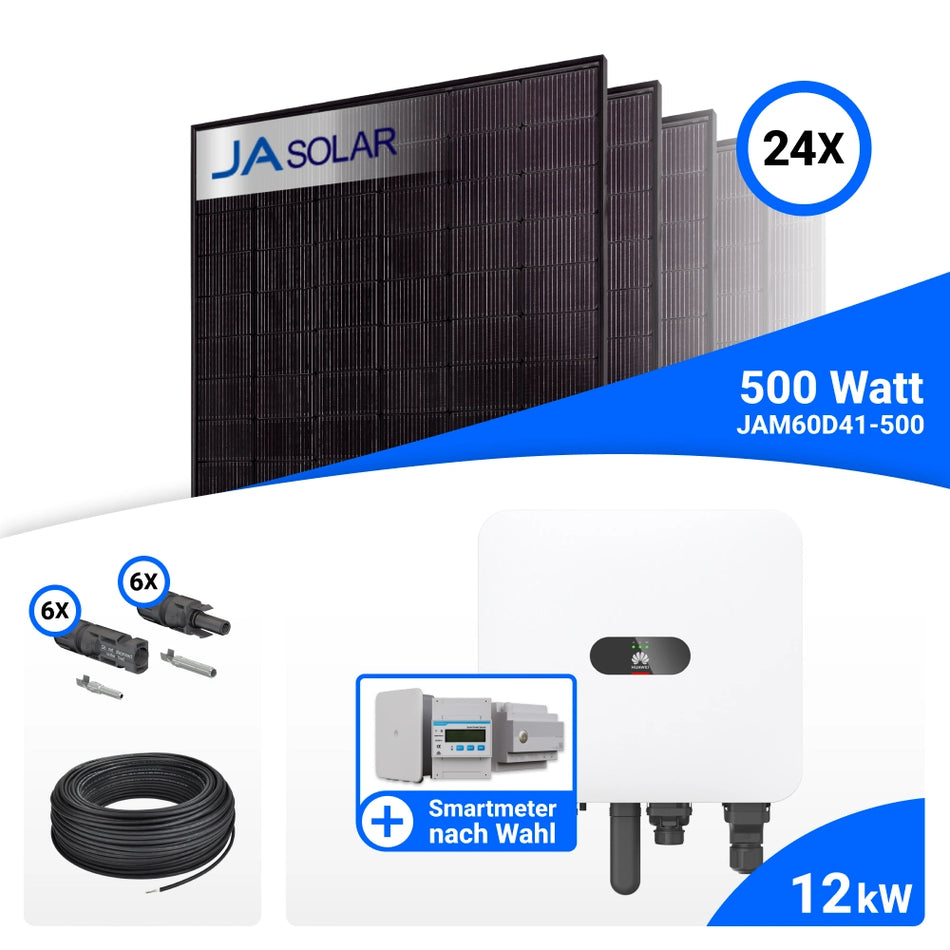 PV-Komplettset 12 kWp mit 24 JA Solar 500 W Full Black Modulen, Huawei SUN2000-12K-MAP0 und Huawei Smart Power Sensor DTSU666-H, ohne Speicher