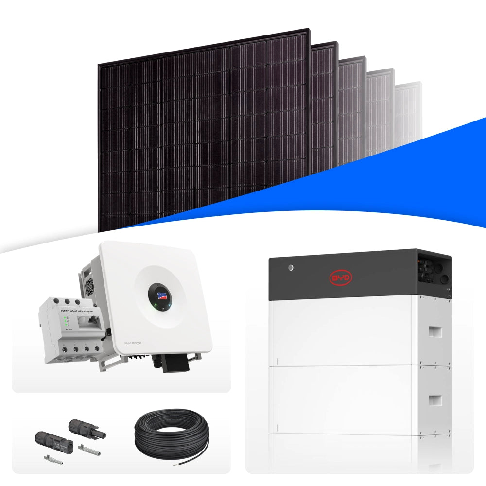 PV-Komplettset 12 kWp mit 24 JA Solar 500 W Full Black Modulen, SMA Sunny Tripower Hybrid X 12.0 und BYD HVS+ Speicher mit 10,2 kWh, ohne Backup