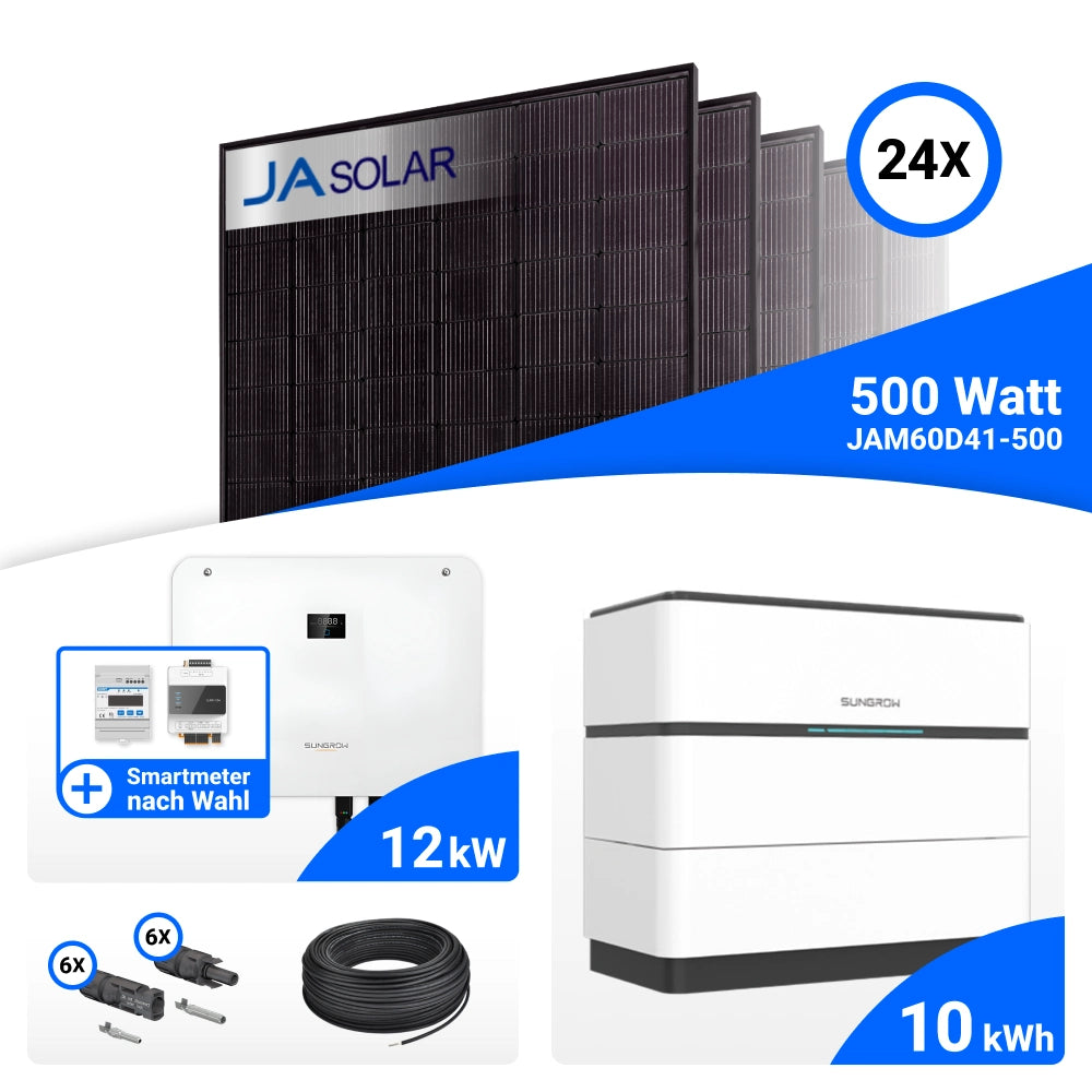PV-Komplettset 12 kWp mit 24 JA Solar 500 W Full Black Modulen, Sungrow SH12T, Sungrow Smart Meter DTSU666-20 und Sungrow SBH100 Speicher