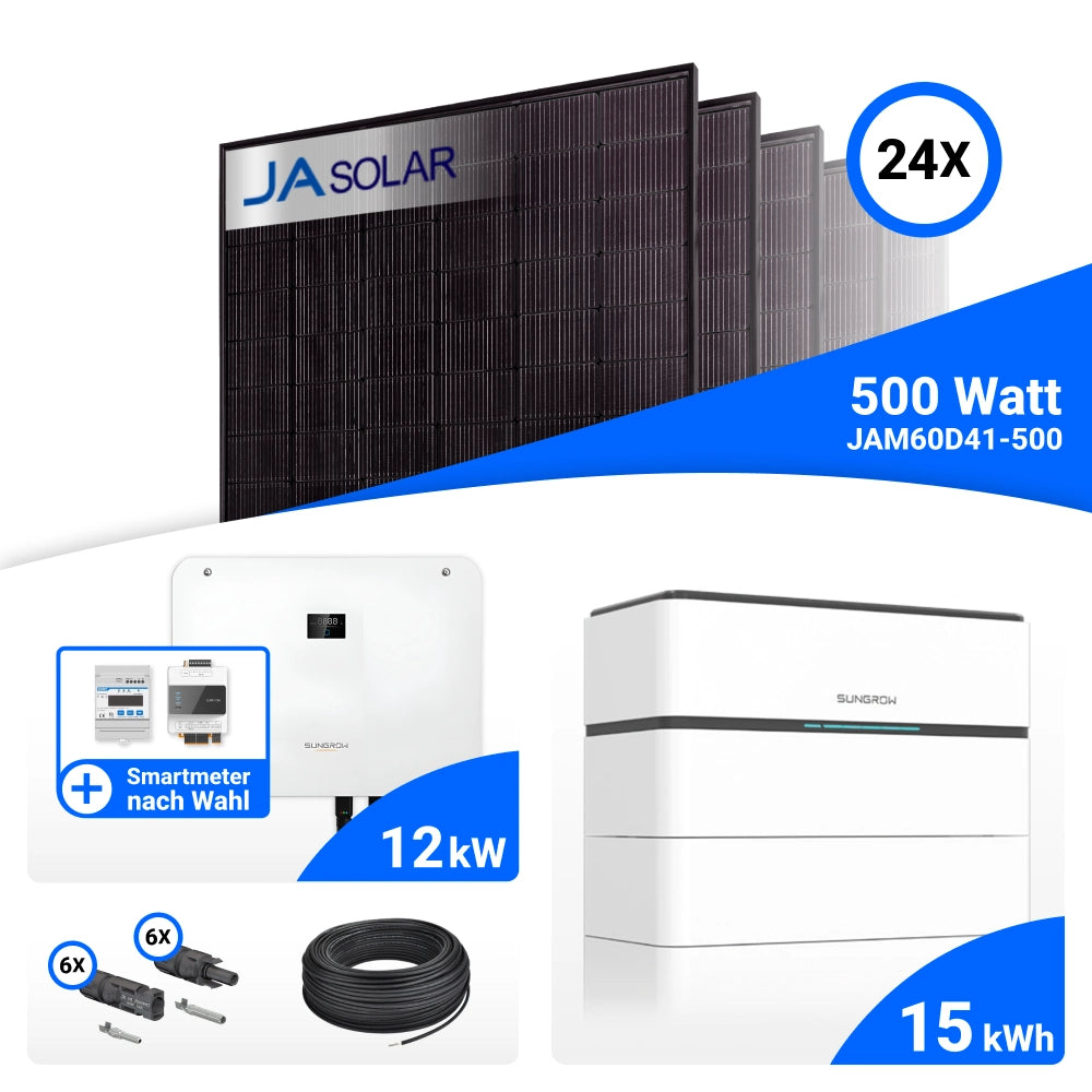 PV-Komplettset 12 kWp mit 24 JA Solar 500 W Full Black Modulen, Sungrow SH12T, Sungrow Smart Meter DTSU666-20 und Sungrow SBH150 Speicher