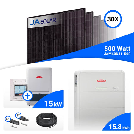 PV-Komplettset 15 kWp mit 30 JA Solar 500 W Full Black Modulen, Fronius Verto Plus 15.0 und Fronius Reserva 15.8 Speicher