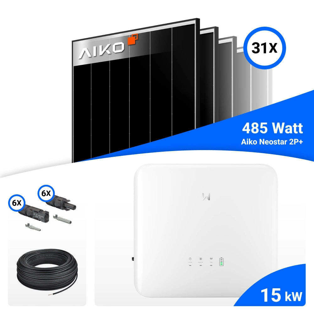 PV-Komplettset mit 31 AIKO 485-W-Solarmodulen, GoodWe 15-kW-Wechselrichter, Anschlusskabeln und Steckverbindern.