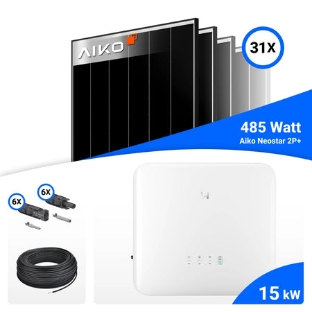 PV-Komplettset mit 31 AIKO 485-W-Solarmodulen, GoodWe 15-kW-Wechselrichter, Anschlusskabeln und Steckverbindern.