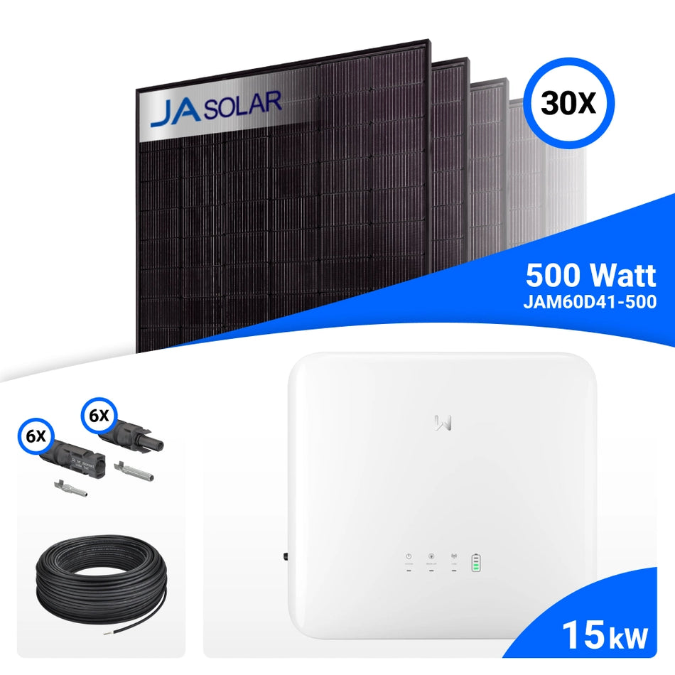 PV-Komplettset 15 kWp mit 30 JA Solar 500 W Full Black Modulen und GoodWe GW15K-ET-20, ohne Speicher