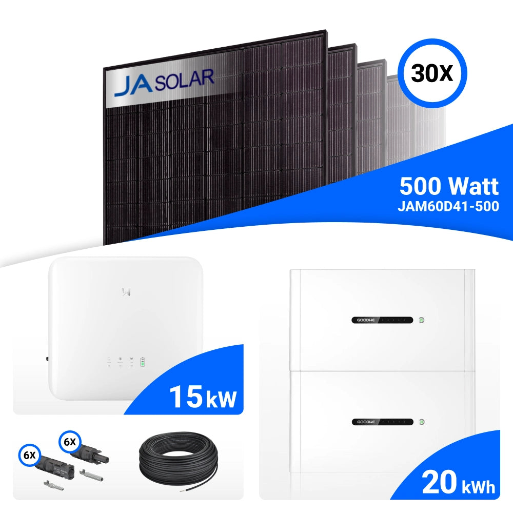 PV-Komplettset 15 kWp mit 30 JA Solar 500 W Full Black Modulen, GoodWe GW15K-ET-20 und GoodWe Lynx D Speicher mit 20 kWh