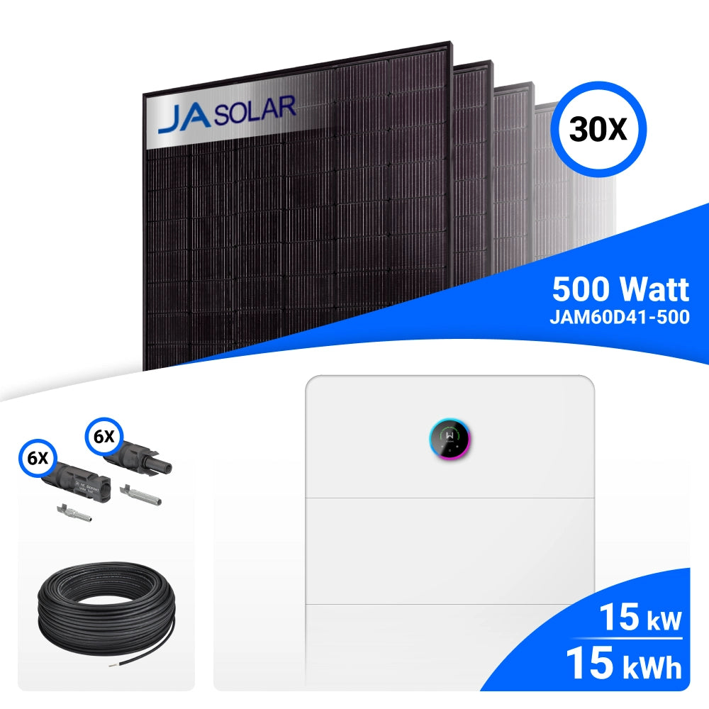 PV-Komplettset 15 kWp mit 30 JA Solar 500 W Full Black Modulen und GoodWe ESA All-in-One-System mit GW5-Speicher, 15 kWh