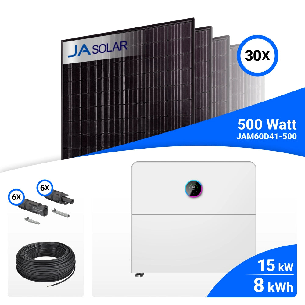 PV-Komplettset 15 kWp mit 30 JA Solar 500 W Full Black Modulen und GoodWe ESA All-in-One-System mit GW8-Speicher, 8 kWh